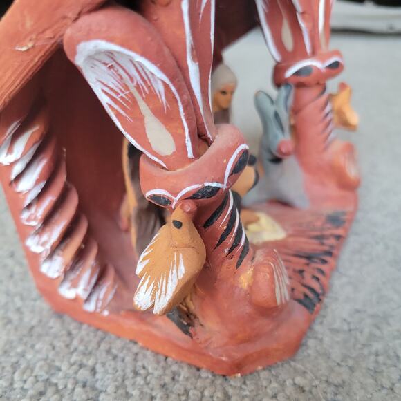 Vintage Mexican Red Clay Pottery Nativity Manger Animal Scene Hand Painted - Picture 3 of 8
